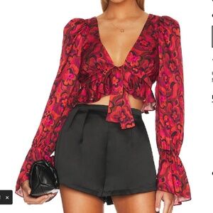 For Love & Lemons Funky Floral Red Flare Davina Tie Front Blouse NWOT Size S